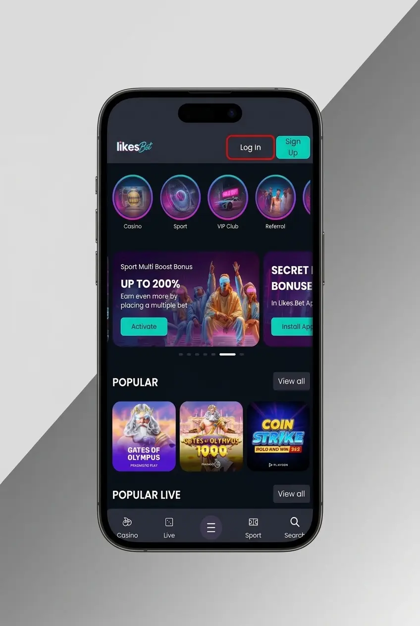 Mobiele app inlogscherm van LikesBet